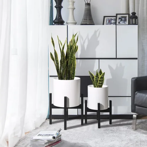 Miniatura 2 de Juego de 2 macetas con soportes, macetas de mediados de siglo para plantas de interior, macetas decorativas modernas para flores para balcón, Blanco