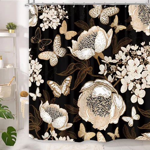 Miniatura 2 de Cortina de ducha de mariposa floral negra y dorada, cortina de ducha bohemia con diseño botánico de flores oscuras para baño con gancho, juego