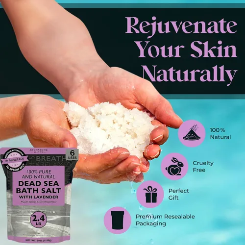 Miniatura 4 de Aromasong Sal pura del mar muerto para remojar con lavanda 100% natural, 2.43 libras, sal de baño de spa de grano fino, exfoliante de lavado