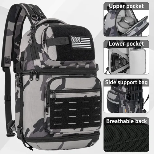 Miniatura 5 de Bolsa bandolera para cámara, bolsa para cámara DSLR/SLR/sin espejo con soporte para trípode y divisores extraíbles, pequeña bandolera táctica, gris