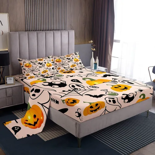 Miniatura 9 de Erosebridal Sábanas de Halloween para niños y niñas, juego de sábanas espeluznantes de dibujos animados, tamaño individual, juego de ropa de cama