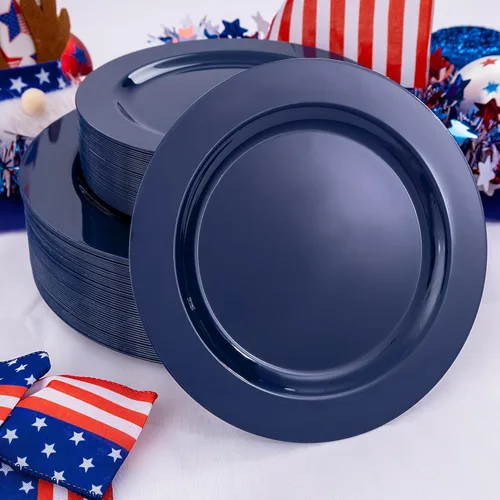 Miniatura 3 de FLOWERCAT 100 platos de plástico azul – Platos desechables azules resistentes para conmemoración/fiesta de cumpleaños/graducación – Incluye 50 Azul