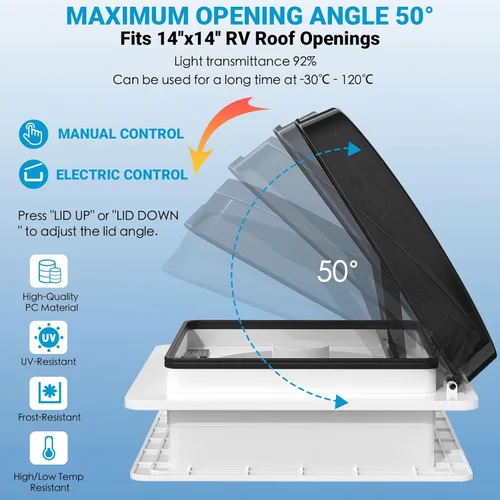 Miniatura 5 de Ventilador de techo para RV de 14" silencioso con motor de menor ruido, ventilación permanente de nivel de soporte reversible Max Air para techo