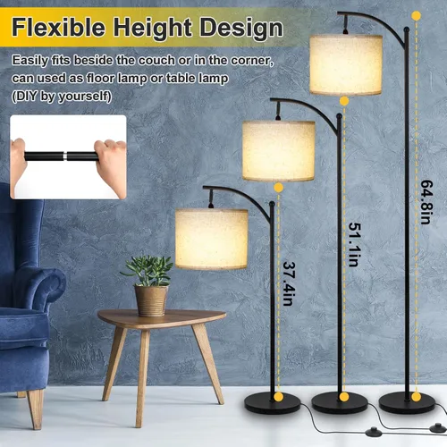 Miniatura 3 de LALISU Lámpara de pie moderna, lámpara de pie ajustable de 3 formas con pantalla de lino, altura ajustable, interruptor de pie, lámpara de lectura