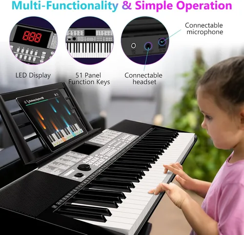 Miniatura 3 de TERENCE Piano de teclado de 61 teclas, altavoces de alta fidelidad duales, piano digital con 51 botones de función de panel, pantalla LED, teclado