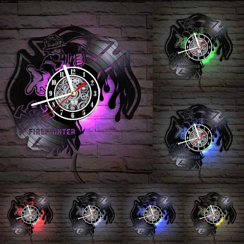 Miniatura 2 de The Geeky Days Reloj de pared LED de bombero, disco de vinilo, 7 colores, cruz maltesa quemada, 12 pulgadas, silencioso, sin tictac, casco