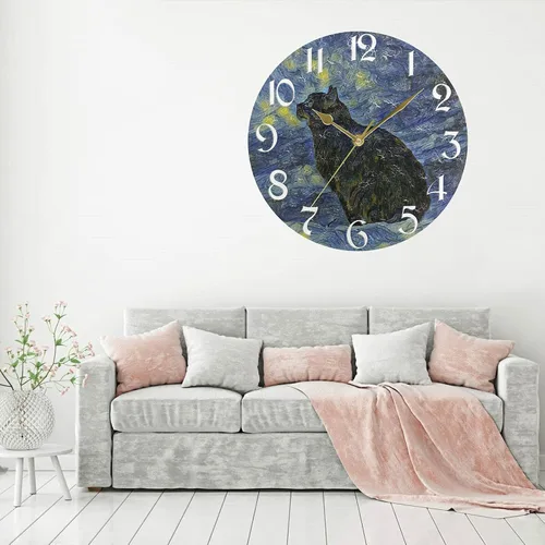 Miniatura 3 de Naanle Reloj de pared redondo con diseño de gato con pintura al óleo, Van Gogh, silencioso, sin tictac, funciona con pilas, para decoración