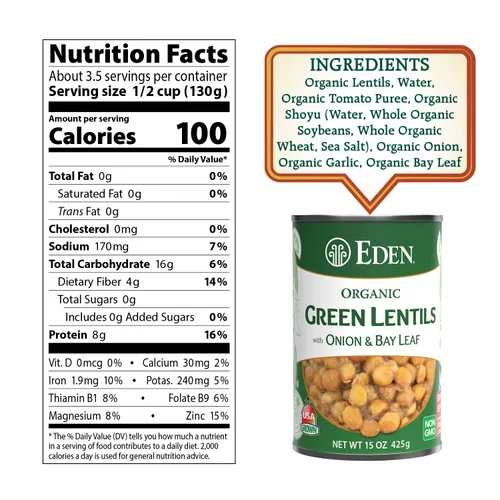 Miniatura 2 de Eden Lentejas verdes orgánicas con cebolla y hoja de laurel, lata de 15 onzas (paquete de 12), sin OMG, veganas, kosher, cultivadas en Estados