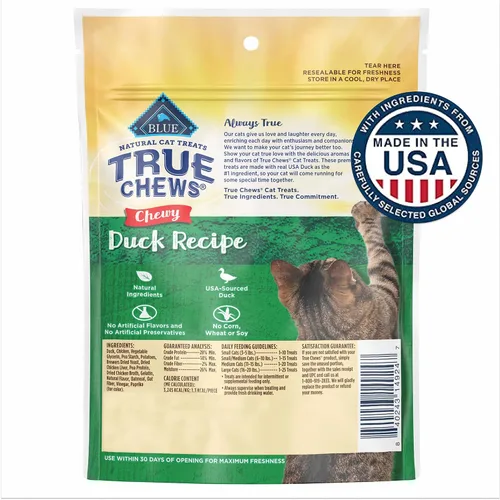 Miniatura 2 de Blue Buffalo True Chews - Golosinas masticables naturales para gatos, hechas en los Estados Unidos, receta de pato, bolsa resellable de 3 onzas