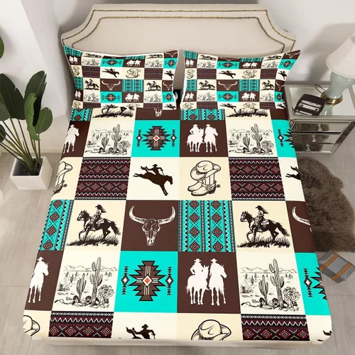 Miniatura 31 de Homewish Western Fitted Sheets Twin Size (No Flat),Retro Country Tribal Bedding Set 2Pcs,Kids Girls Boys Room Decor,Southwest Aztec Stripes Bed