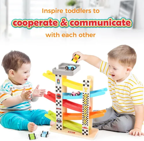 Miniatura 5 de Belleur - Juego Montessori para niños de 1 a 3 años, pista de carreras de coches para niños pequeños con 5 coches mini y 5 rampas, juego de juguetes