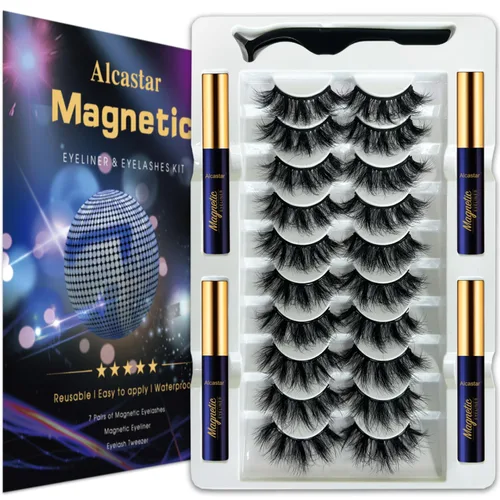 Alcastar Pestañas magnéticas con kit de delineador de ojos, fibra sintética, aspecto natural, impermeable, no requiere pegamento (negro24)