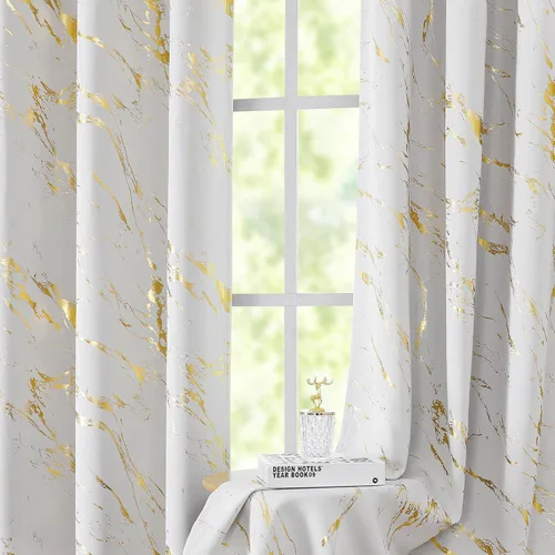 Miniatura 23 de WUBODTI Cortinas 100% Opacas de Mármol Beige de 63 Pulgadas de Largo 2 Paneles, Cortina Corta con Ojales de Impresión de Lámina Dorada Moderna