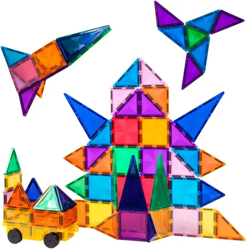 Miniatura 3 de PicassoTiles Juego de 63 piezas de azulejos magnéticos de diamante + 4 figuras de acción familiar, juego de juguetes de construcción de bloques