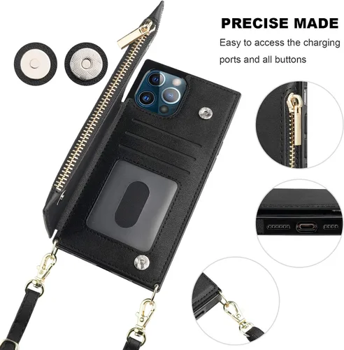 Miniatura 6 de Bocasal Funda tipo cartera cruzada para iPhone 12 Pro Max con tarjetero, protector de ranura para tarjetas con cremallera, a prueba de golpes