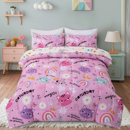 Miniatura 10 de Btargot Juego de edredón reversible de 5 piezas con diseño de gato de dibujos animados azules para niños, juego de ropa de cama con diseño de flores
