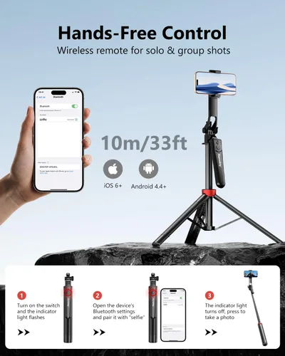 Miniatura 5 de Aureday Trípode de teléfono de 72" y palo para selfie, soporte de trípode para teléfono celular con control remoto inalámbrico y soporte extensible