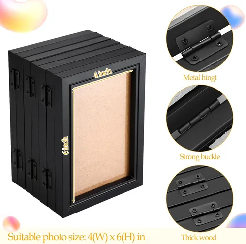 Miniatura 3 de Sintuff Portarretratos plegables de 4 x 6 pulgadas, 7 marcos de fotos plegables con bisagras de alta definición, soportes de collage de madera Negro