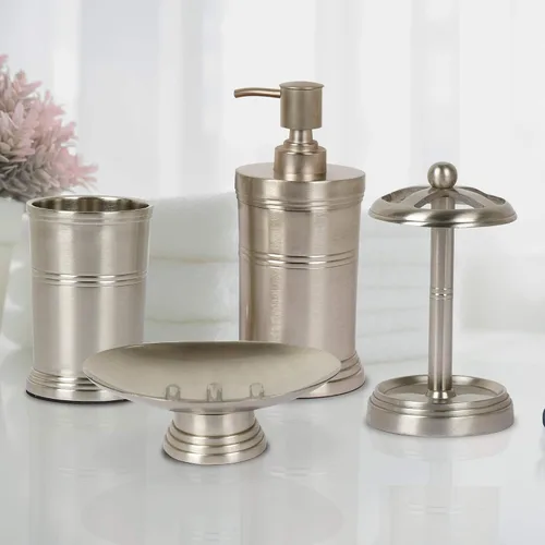 Miniatura 2 de nu steel DR-3456-SET4 Colección Dual Ridge - Accesorios de baño, juego de 4 baños que incluye jabonera, dispensador de loción, taza para vaso