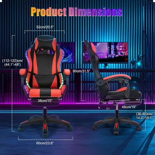 Miniatura 2 de Silla de juegos con altavoces Bluetooth y luces LED, silla ergonómica de piel sintética con reposapiés retráctil, silla giratoria de 360° con Rojo