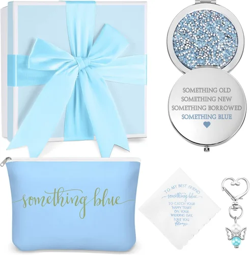 Fumete Something Blue - Juego de regalo de boda, pañuelo bordado, ramo de ángel, bolsa de cosméticos para novia con espejo compacto de diamante y