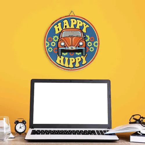 Miniatura 5 de Volkswagen Happy Hippy Letrero Redondo de Metal - Divertido Letrero de VW Beetle para Garaje o Cueva del Hombre Naranja