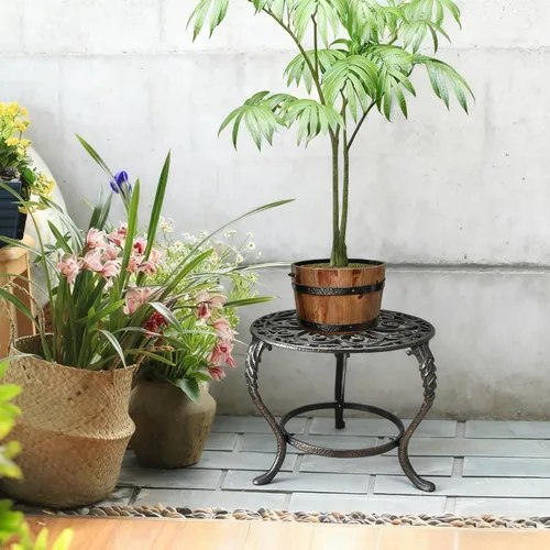 Miniatura 8 de Notakia Soporte para plantas para interiores y exteriores, mesa de hierro fundido resistente para patio y jardín, estante alto de metal decorativo