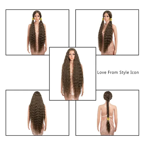 Miniatura 5 de Style Icon Pelucas de Encaje Frontal de 41" Largas Onduladas Sintéticas con Baby Hair Ombre Marrón Claro Estilo Bohemio Semi Atadas a Mano Densidad