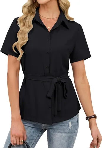 Blooming Jelly Camisa con botones para mujer, cuello con lazo, manga corta, casual, para negocios, blusa de trabajo a la moda de verano