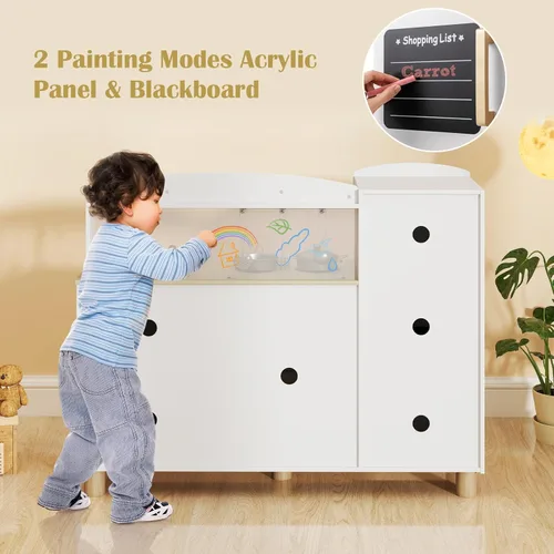 Miniatura 7 de INFANS Juego de cocina para niños, juego de juguetes de cocina de madera para niños pequeños con tablero de dibujo acrílico, máquina de hielo, Blanco