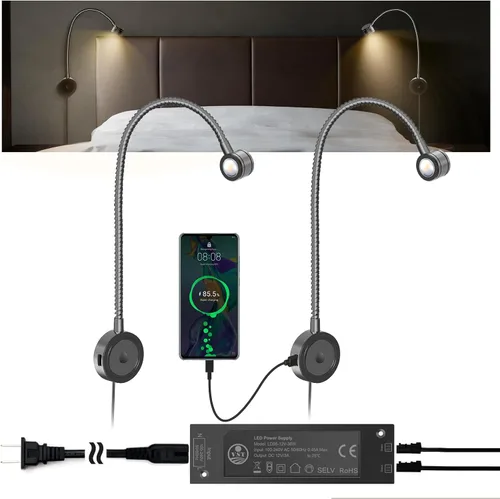 VST Luz de lectura de cama montada en la pared, lámpara de lectura de cabecera con certificación ETL, luz de cabecera regulable táctil con puertos