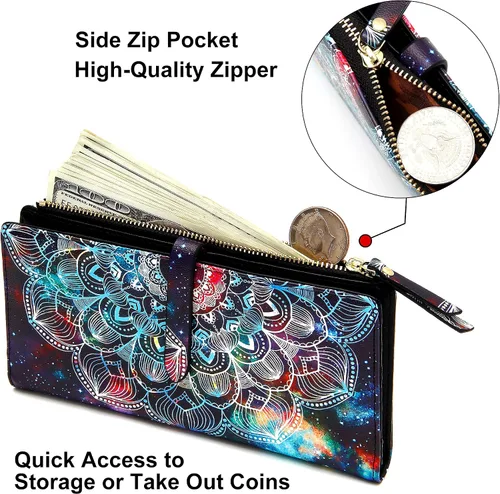 Miniatura 4 de Billeteras delgadas para mujer, tarjetero RFID plegable con bolsillo con cremallera, Mandala azul, Delgado
