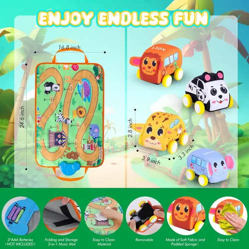 Miniatura 5 de Nuevo juego de vehículos de tracción con alfombra musical y manta de juego táctil, juego de juguetes suaves para bebés con 4 lindos autos