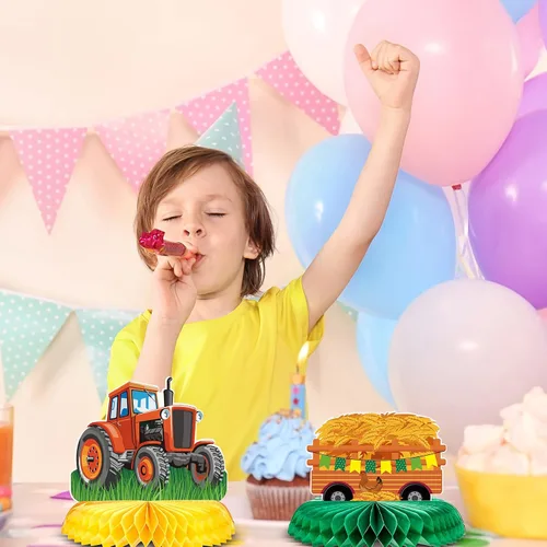 Miniatura 5 de Zonon 6 piezas de decoración de cumpleaños de tractor, centro de mesa de panal de abeja, suministros de fiesta, decoración de granja para tractores