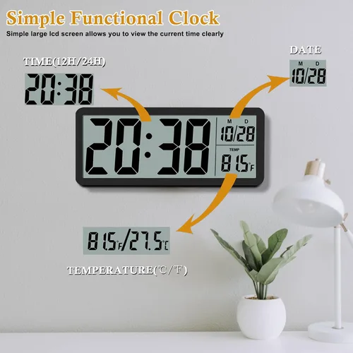 Miniatura 7 de Reloj de Pared LCD Digital Fácil de Configurar, Pantalla LCD de 8.5 Pulgadas con Pantalla de Hora/Fecha/Temperatura, Reloj de Escritorio Digital