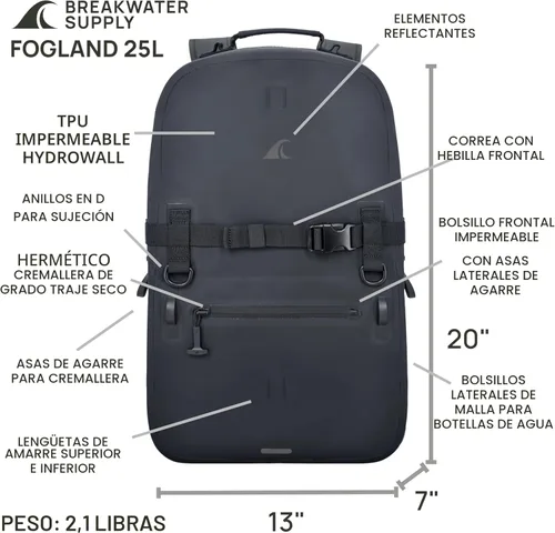 Miniatura 4 de Breakwater Supply™ Mochila impermeable IP68 sumergible con cierres herméticos Para portátil, viajes al aire libre Fogland 25L 20L 15L, 25 L