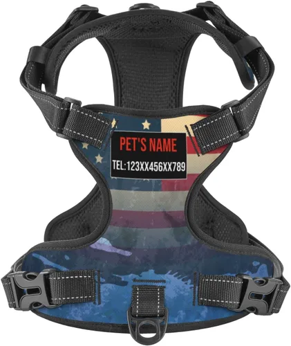 Arnés personalizado para perro sin tirones, chaleco personalizado con bandera estadounidense para perro con número de teléfono y nombre de mascota,