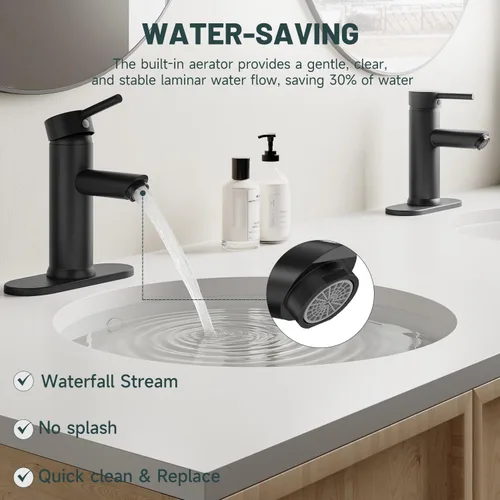 Miniatura 7 de Grifo mando de una sola pieza para fregadero de baño con desagüe desplegable sin desbordamiento Negro