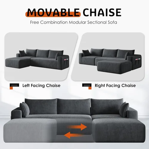 Miniatura 3 de 108" Cloud Couch Modular Sectional Sofa for Living Room, L Shaped Boneless Couch with Deep Seat Chaise, No Assembly Required Foam Sleeper Sofa for