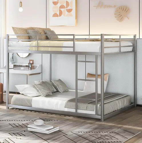 Miniatura 7 de Literas de metal de tamaño matrimonial sobre matrimonial, litera baja de metal con escalera para niños, adolescentes y adultos, marco de cama