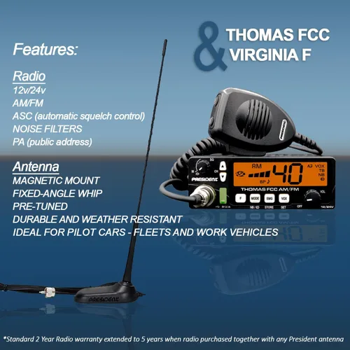 Miniatura 3 de President Kit de radio resistente (HD) con Thomas FCC de 40 canales, radio CB AM/FM de 12/24 voltios y antena de montaje con imán Virginia F