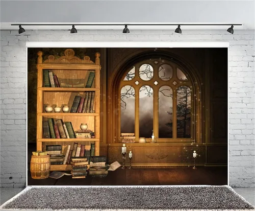 Miniatura 13 de AOFOTO Fondo de fotografía de habitación mágica vintage de 5 x 5 pies, fondo de estantería retro encantada, estantería antigua, ventana, libro
