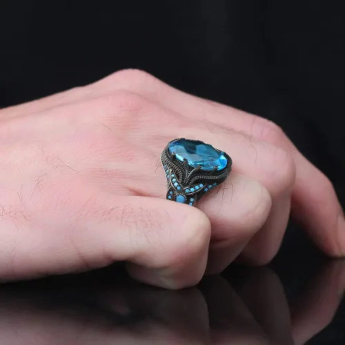 Miniatura 4 de 925 Sterling Silver Aquamarine Stone with Turquoise Stones Men Silver Ring, Handmade Blue Aquamarine Stone Men's Silver Ring, Vintage Men Ring