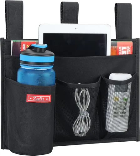 Miniatura 2 de Zafit Organizador colgante para mesita de noche, organizador de almacenamiento para revistas, teléfono, control remoto (4 bolsillos, negro)