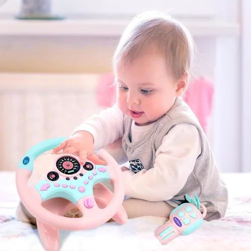 Miniatura 6 de deAO Volante para niños para asiento trasero con llave, juguetes para bebés, pretender conducir, juguete de volante simulado con luz y música, Rosa