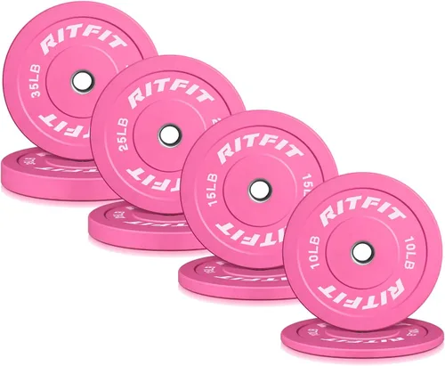 Miniatura 15 de RITFIT Placas de peso rosas, placa de pesas olímpicas de 2 pulgadas, placas de parachoques con inserto de acero, pesas rosas para gimnasio y hogar