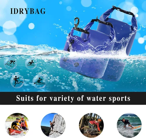 Miniatura 5 de IDRYBAG Bolsa seca para kayak impermeable 2L/5L/10L/15L/20L, pequeña bolsa impermeable para navegación Azul