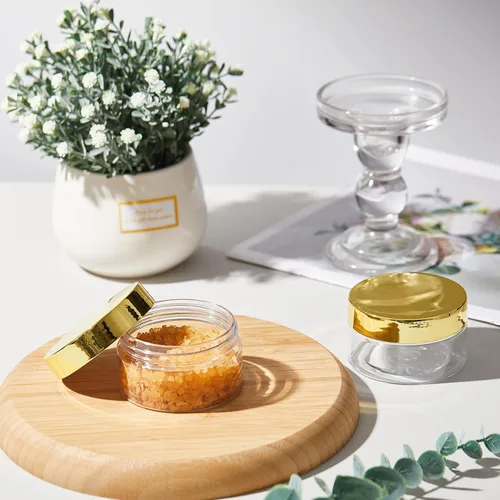 Miniatura 7 de Paquete de 48 tarros de plástico de 4 onzas con tapas y etiquetas doradas, recipientes de cosméticos de boca ancha a prueba de fugas de 4 onzas