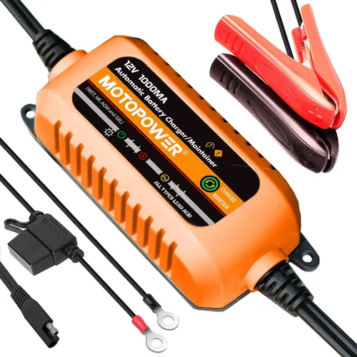 MOTOPOWER Cargador automático de 12V 1000mA - Mantenimiento de la batería - Mantener el cargador y el desulfatador de batería con protección de