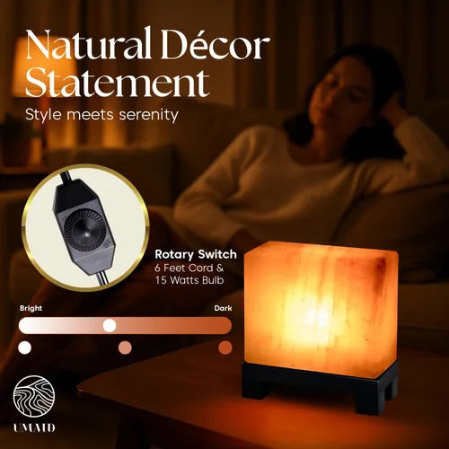 Miniatura 3 de UMAID Lámpara de sal del Himalaya rectangular, lámpara de roca rosa natural sobre base de madera moderna con bombilla nocturna y cable regulable